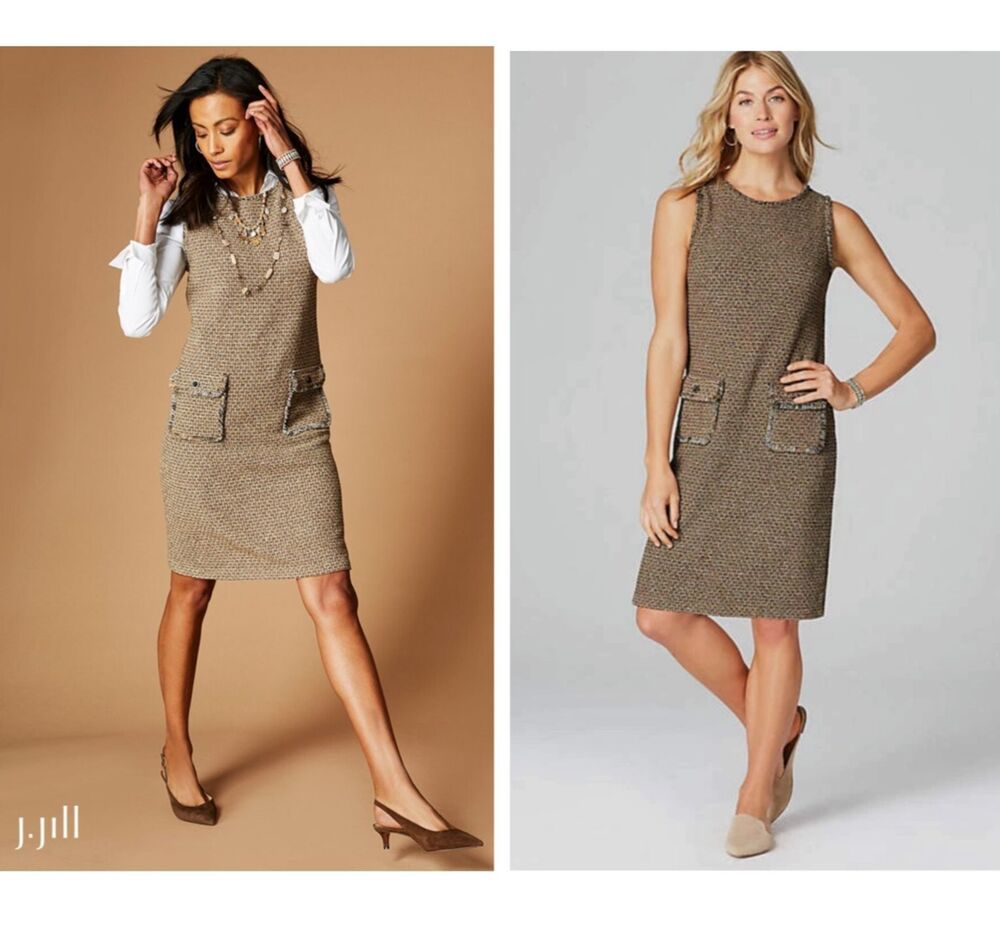 J Jill Tweed Shift Dress SP Brown Sleeveless Boucle Fringe Pockets Knit Career - Picture 3 of 9